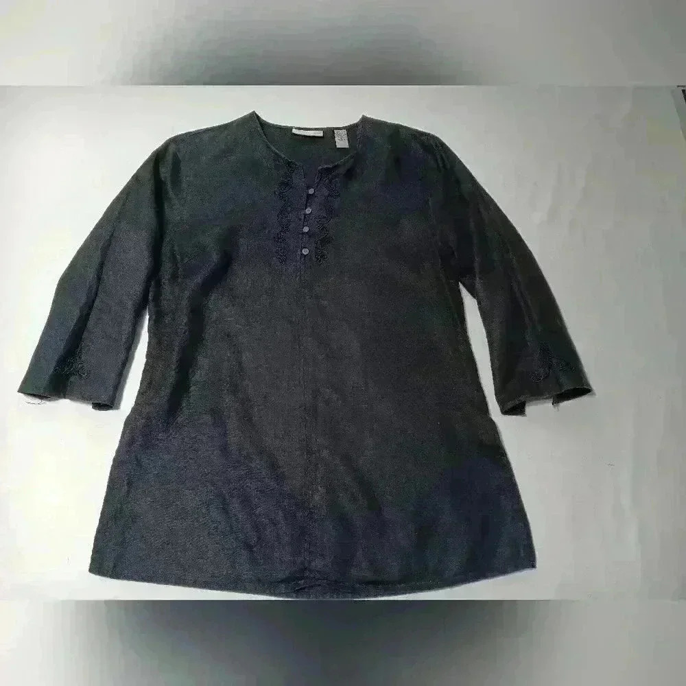Amanda Smith Pull Over 3/4 sleeve V Neck 💯 Linen Top. Ladies S